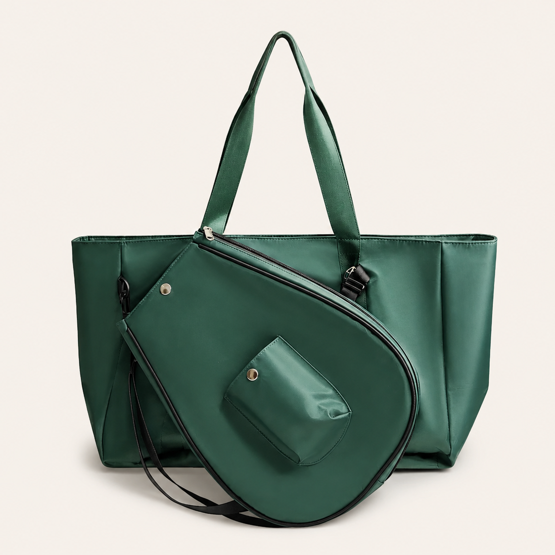 Close-up detail of premium tennis and pickleball shoulder bag with dedicated racket compartment and minimalist athletic styling