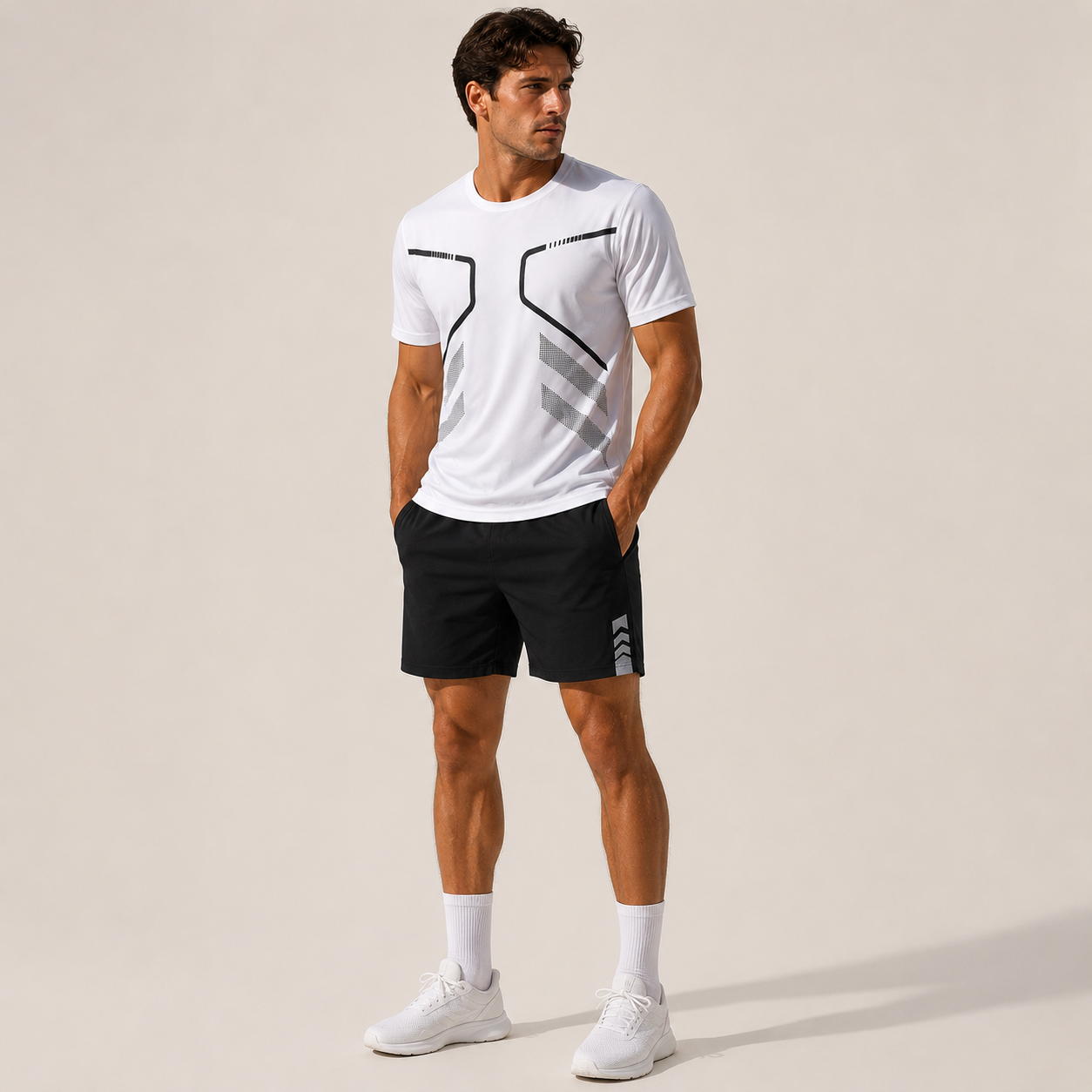 Men's premium athletic t-shirt and shorts set designed for breathable comfort, lightweight movement, and refined sport lifestyle wear