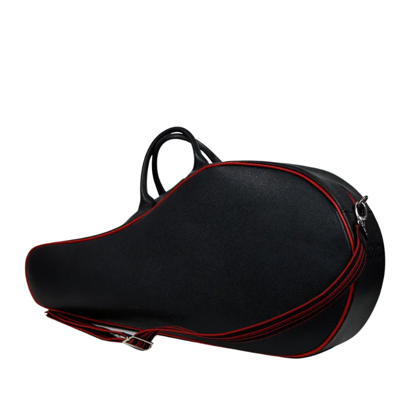 Editorial studio image of premium leather tennis racket bag featuring structured silhouette and timeless court-inspired elegance