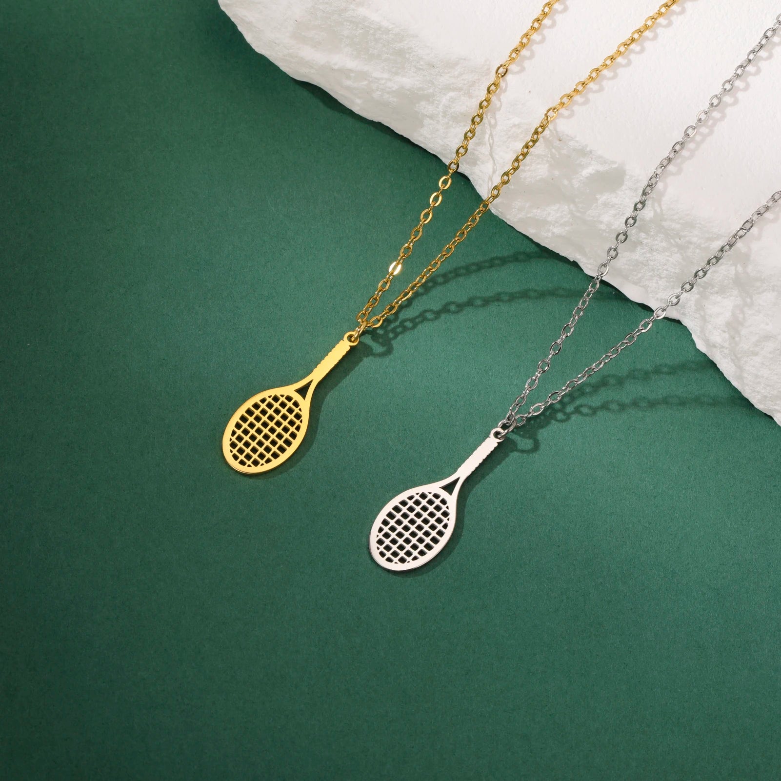 Minimal tennis racket charm necklace with polished finish and refined everyday lifestyle versatility