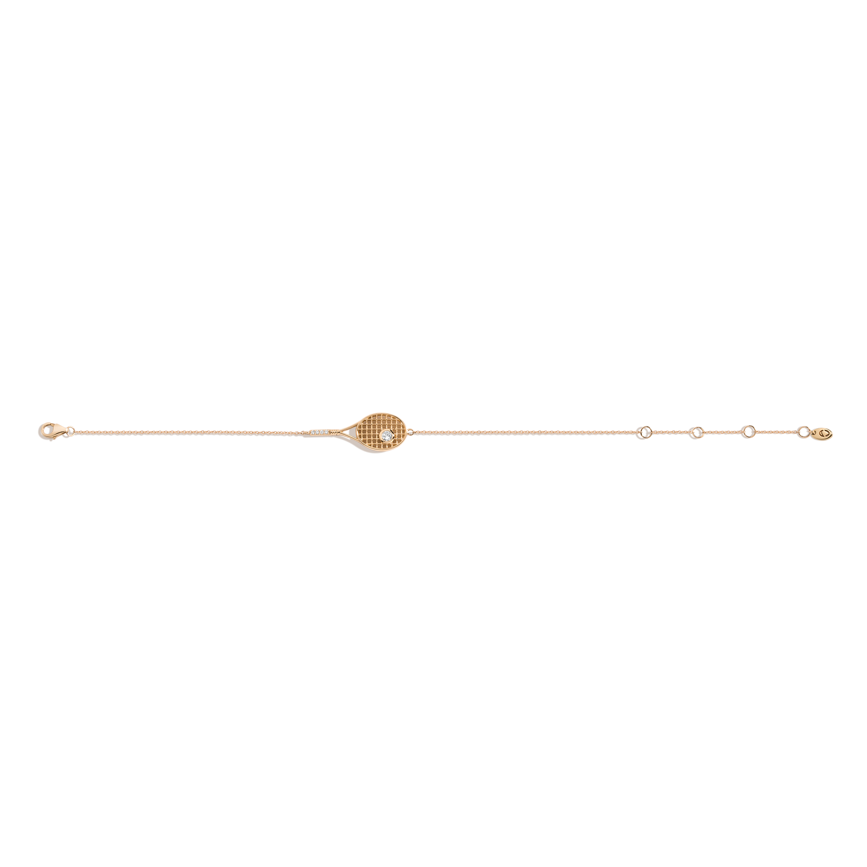 Elegant tennis-inspired bracelet featuring radiant white stones and minimalist racket silhouette detailing