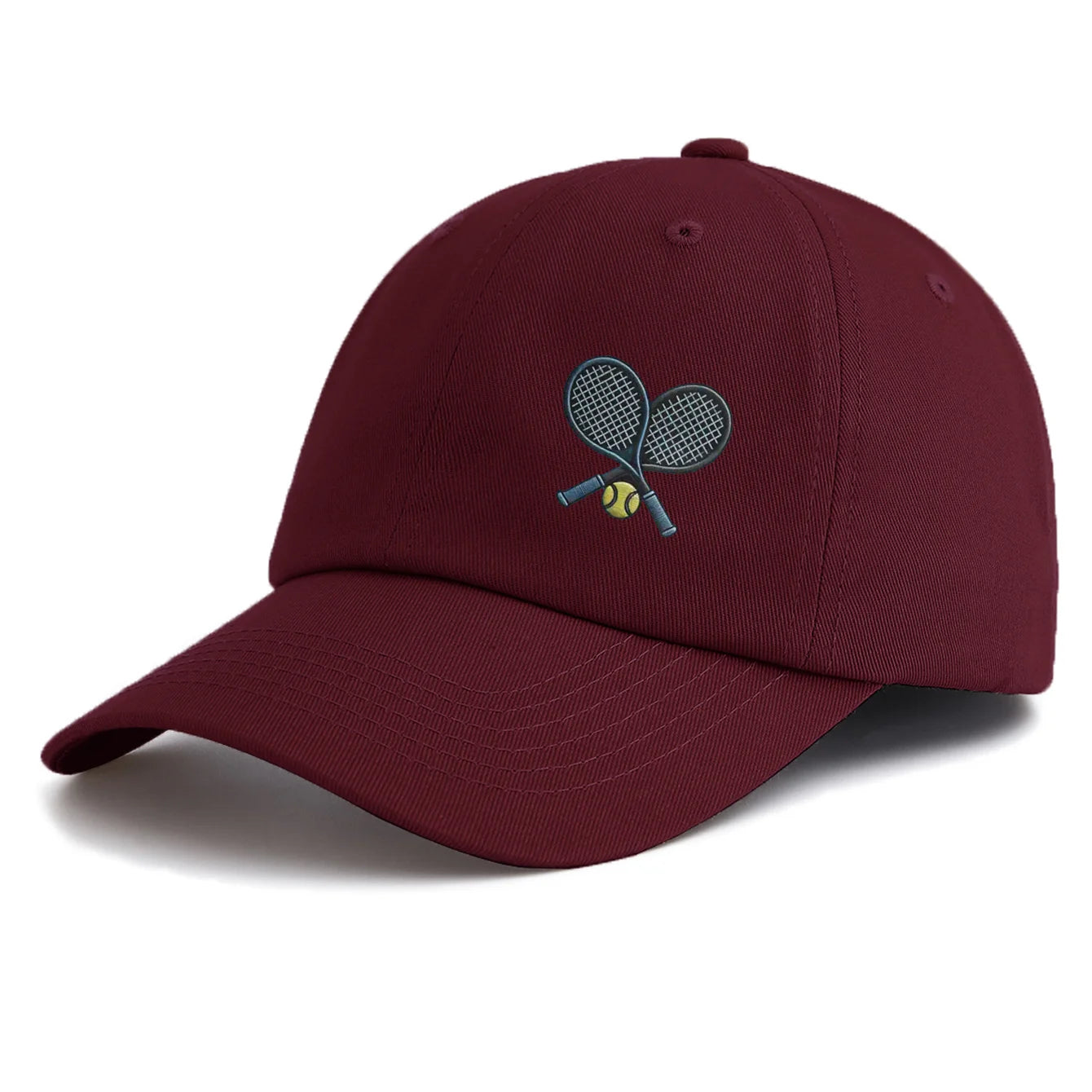 Close-up detail of premium retro tennis baseball cap with relaxed silhouette and refined sport lifestyle appeal