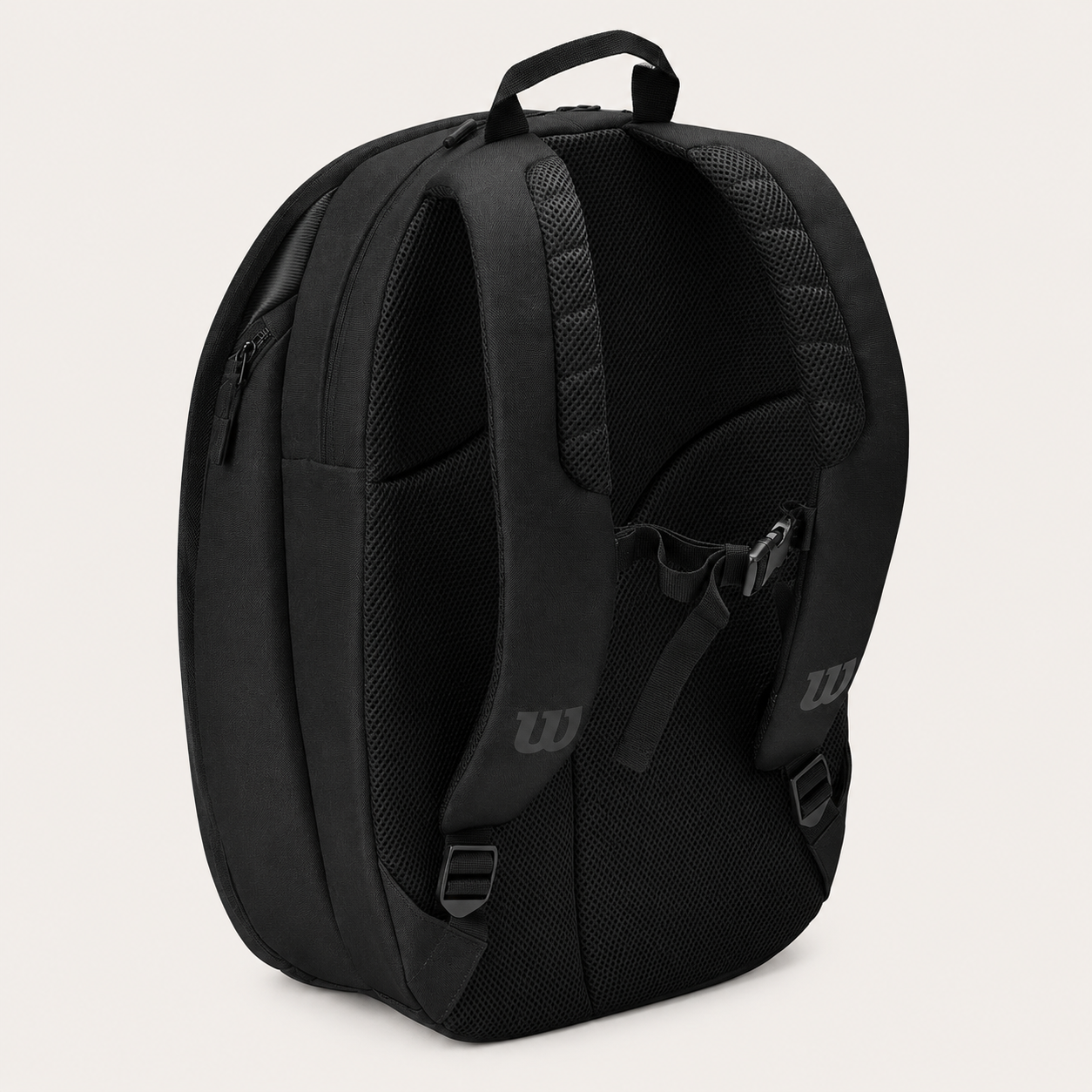 Editorial studio image of premium leather tennis backpack featuring structured silhouette and timeless court-inspired sophistication