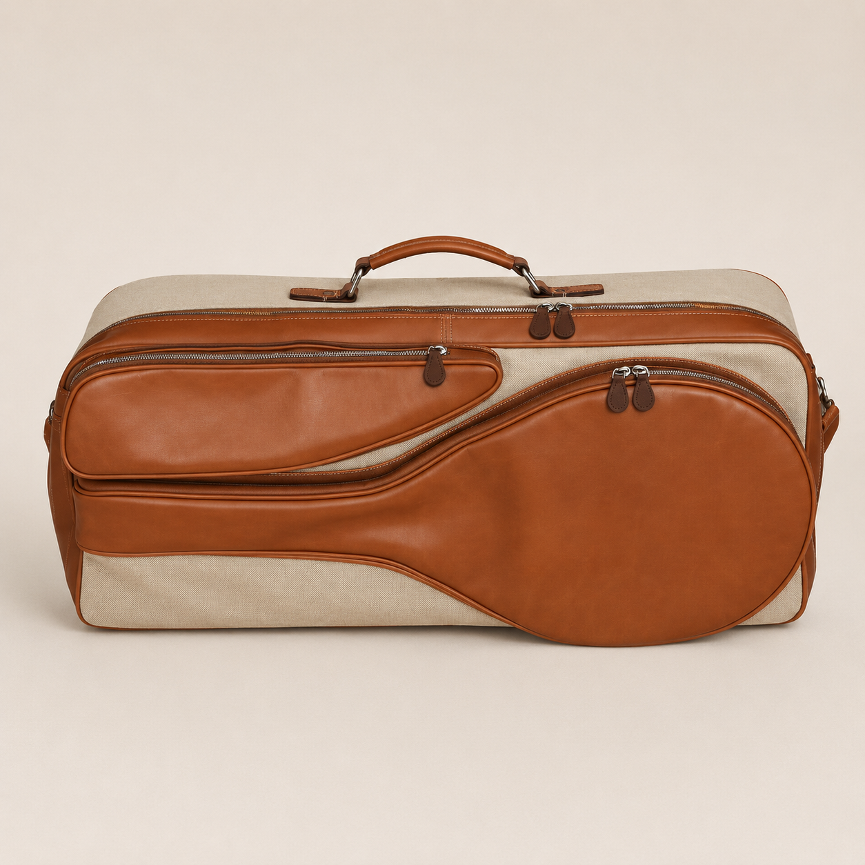 Editorial studio image of premium leather tennis tournament bag featuring timeless court-inspired elegance and spacious storage