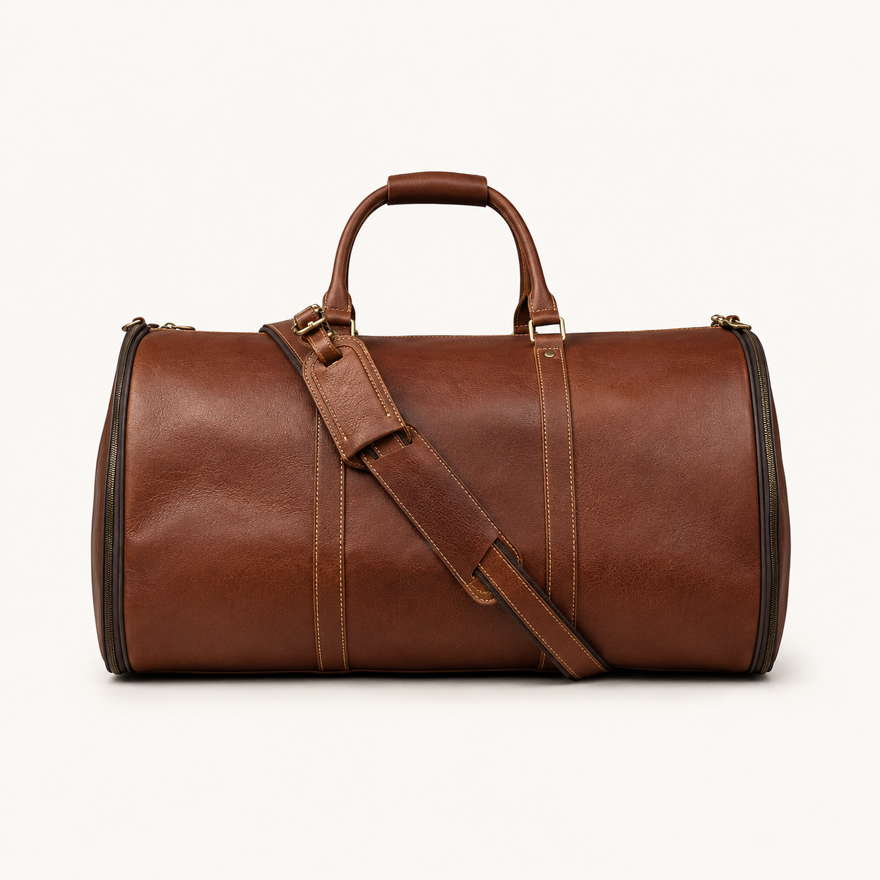 Premium vintage brown leather duffle bag designed for refined travel and elevated lifestyle carry