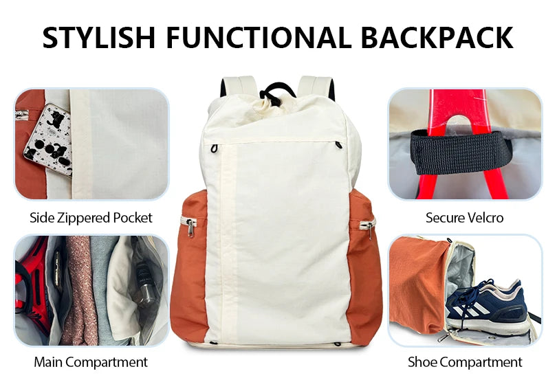Editorial studio image of premium drawstring tennis backpack featuring minimalist court-inspired athletic styling