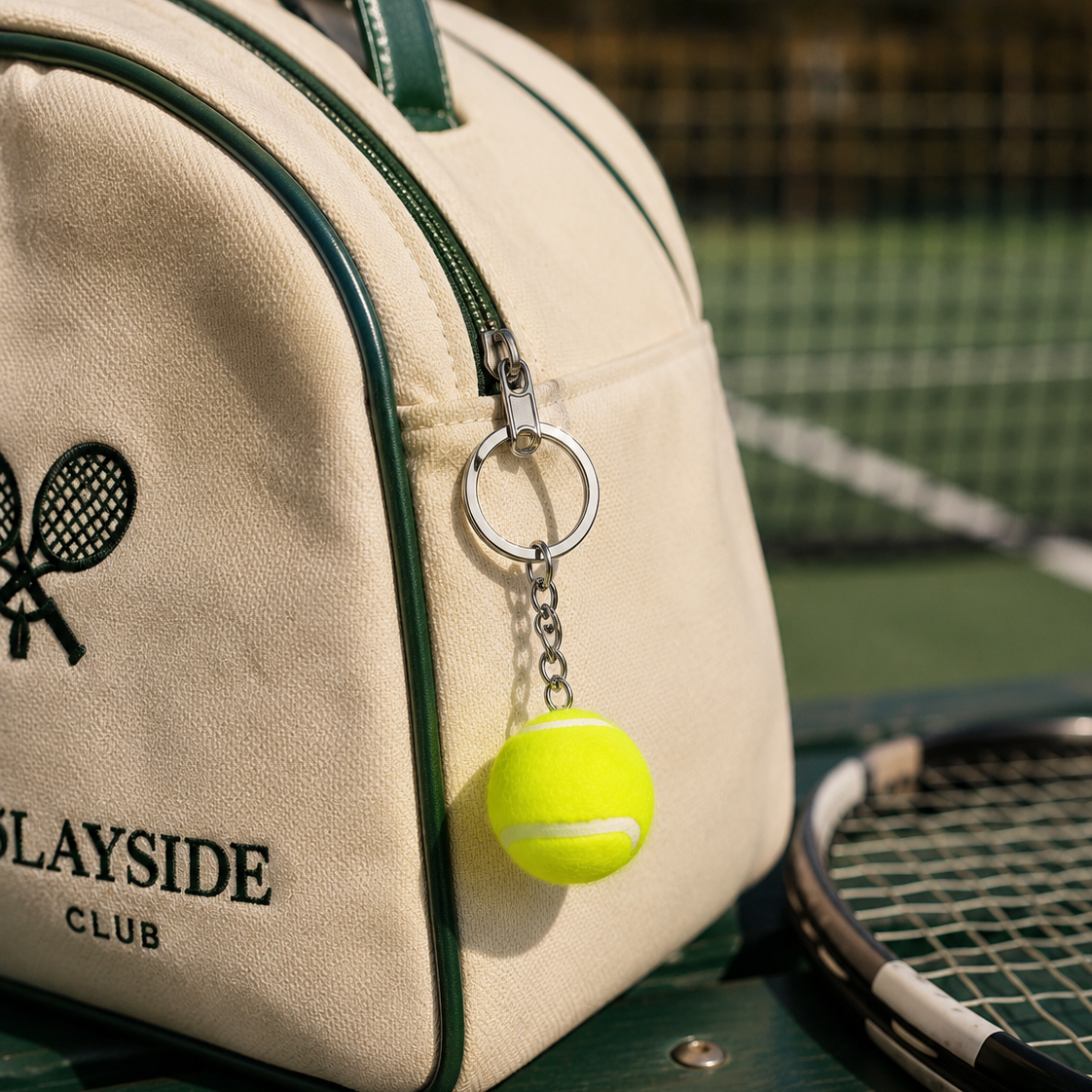 Editorial studio image of premium metallic tennis ball keychain featuring refined minimalist accessory design