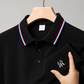 Close-up detail of men's premium tennis-inspired polo with breathable knit texture and tailored casual structure