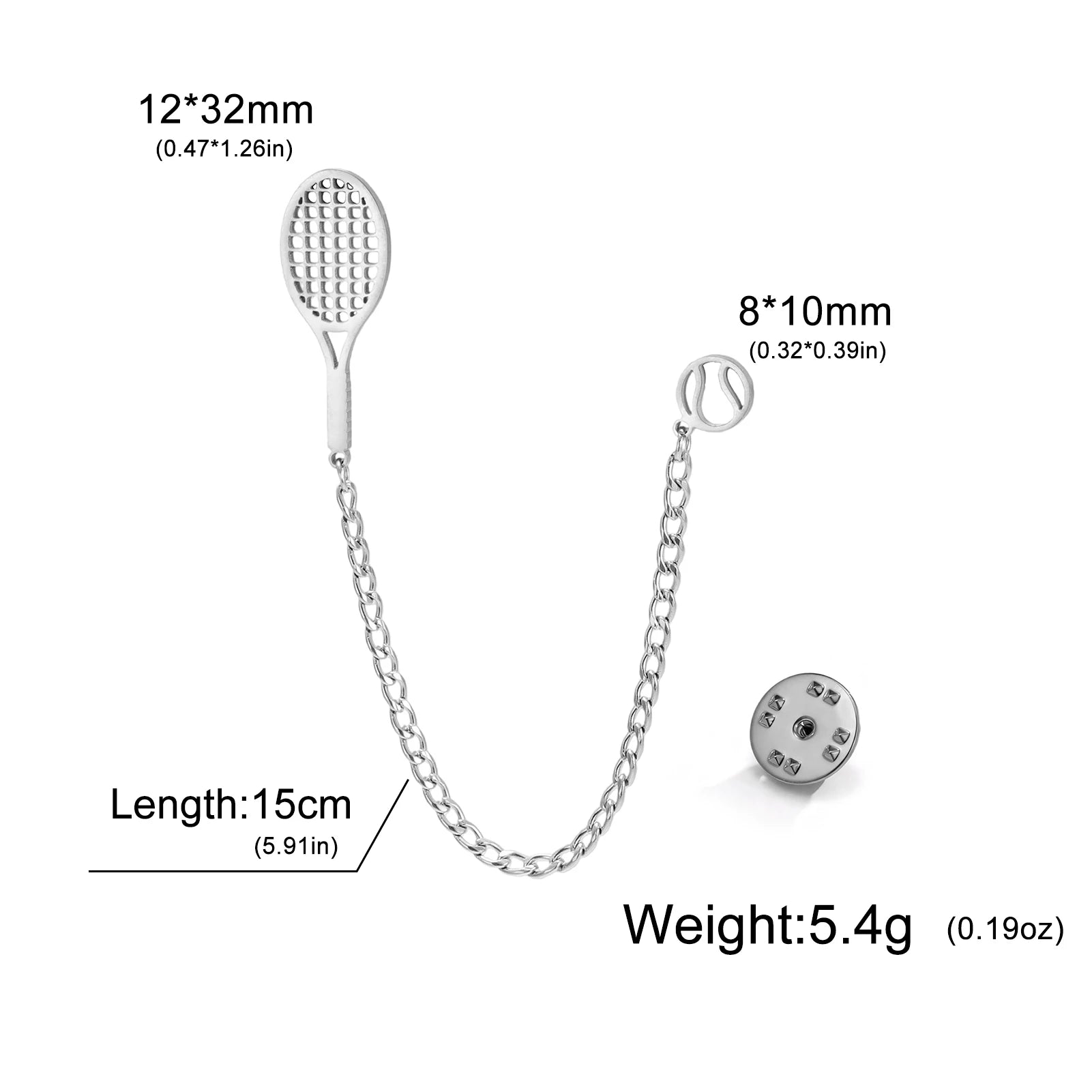 Close-up detail of premium tennis racket lapel pin with lightweight stainless steel construction and clean modern styling