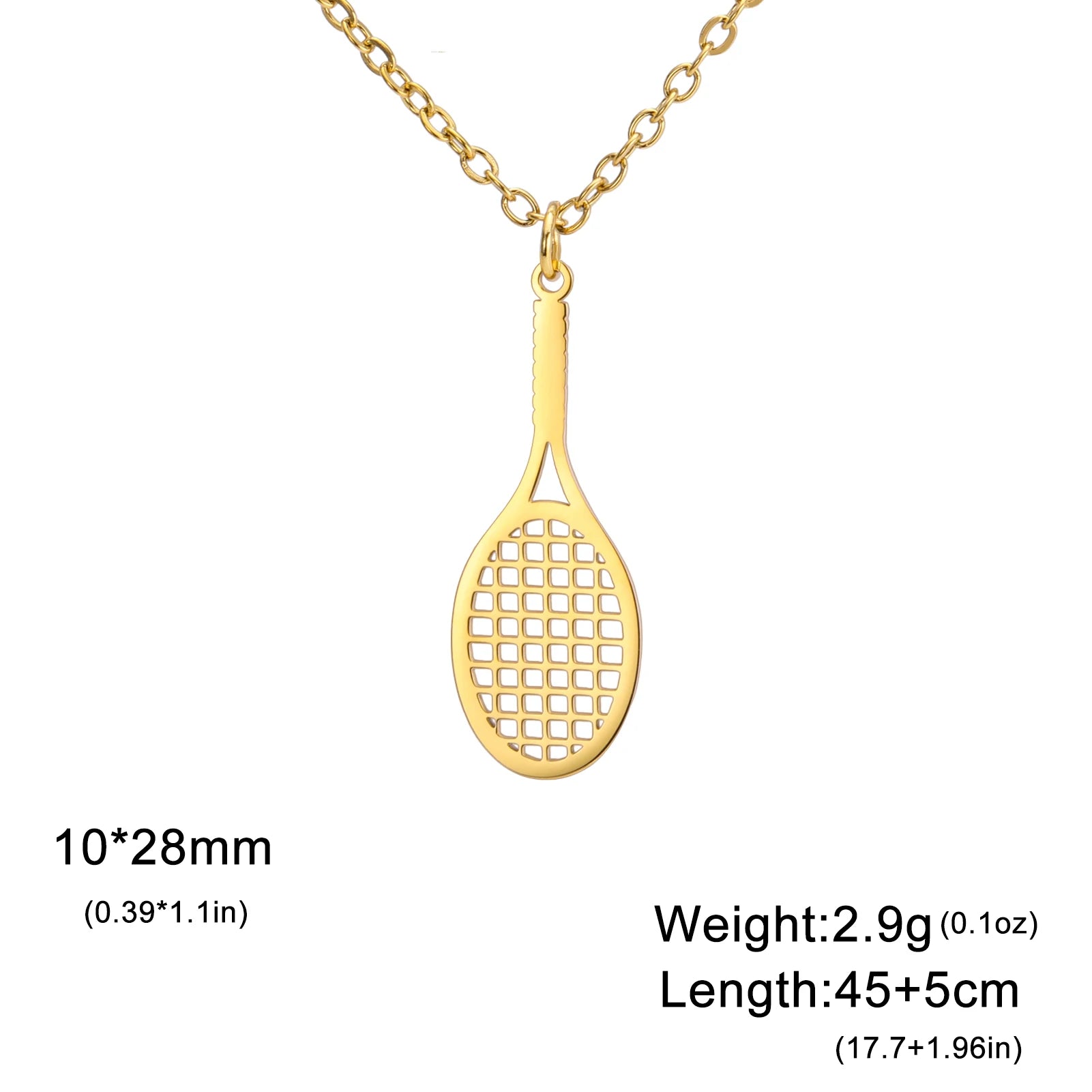 Close-up detail of premium stainless steel tennis racket pendant with minimalist modern jewelry styling