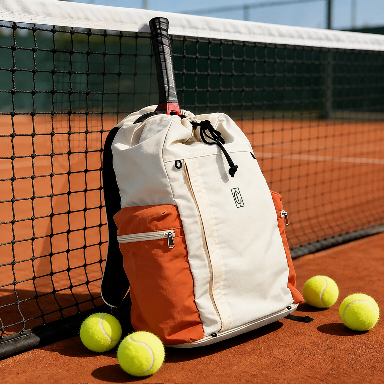 Minimal tennis-inspired drawstring backpack with spacious interior and clean athletic everyday functionality