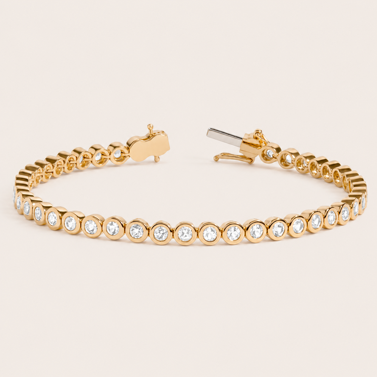 Editorial studio image of premium tennis bracelet featuring continuous stone detailing and timeless sophisticated elegance