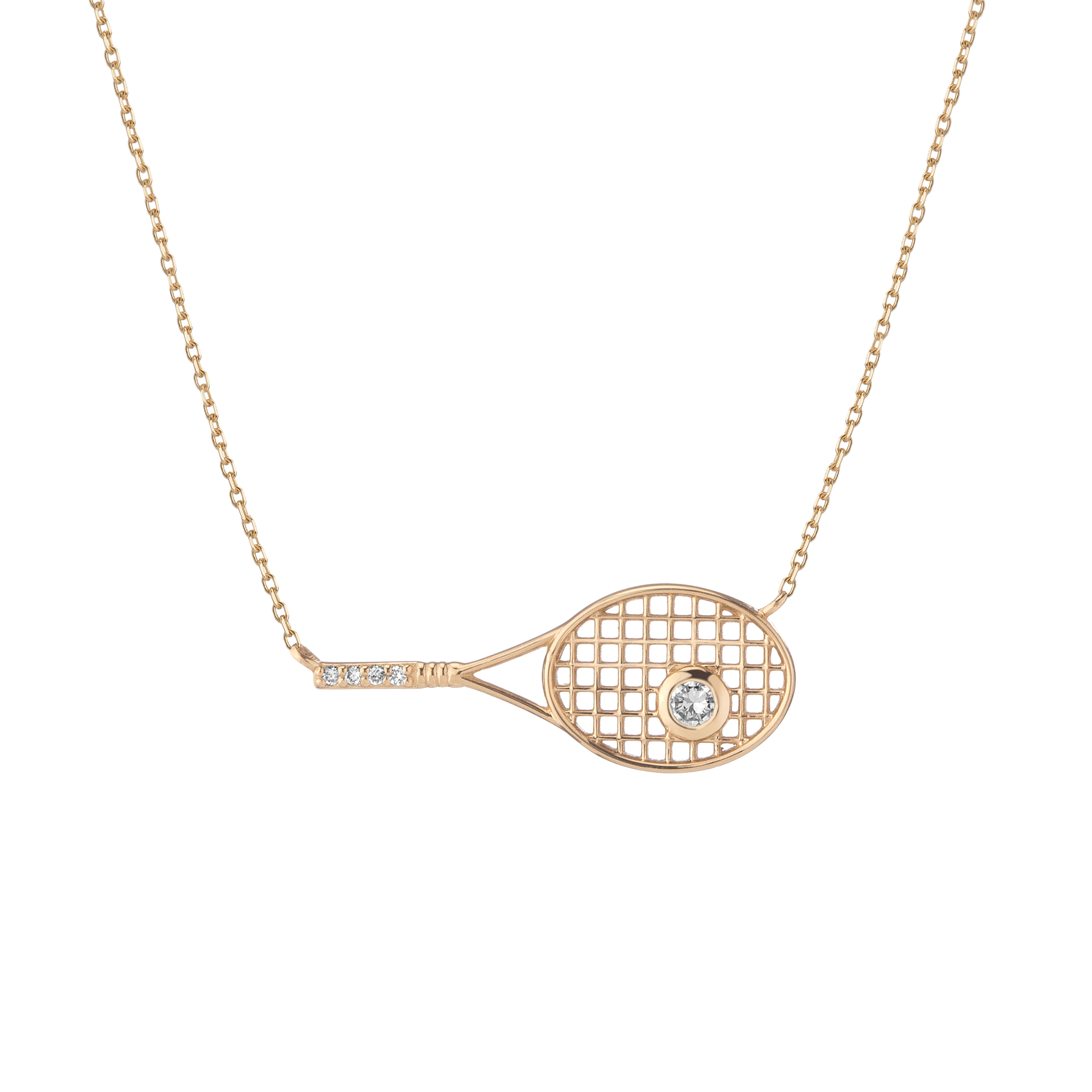 Elegant tennis-inspired necklace featuring racket pendant silhouette and radiant stone detailing