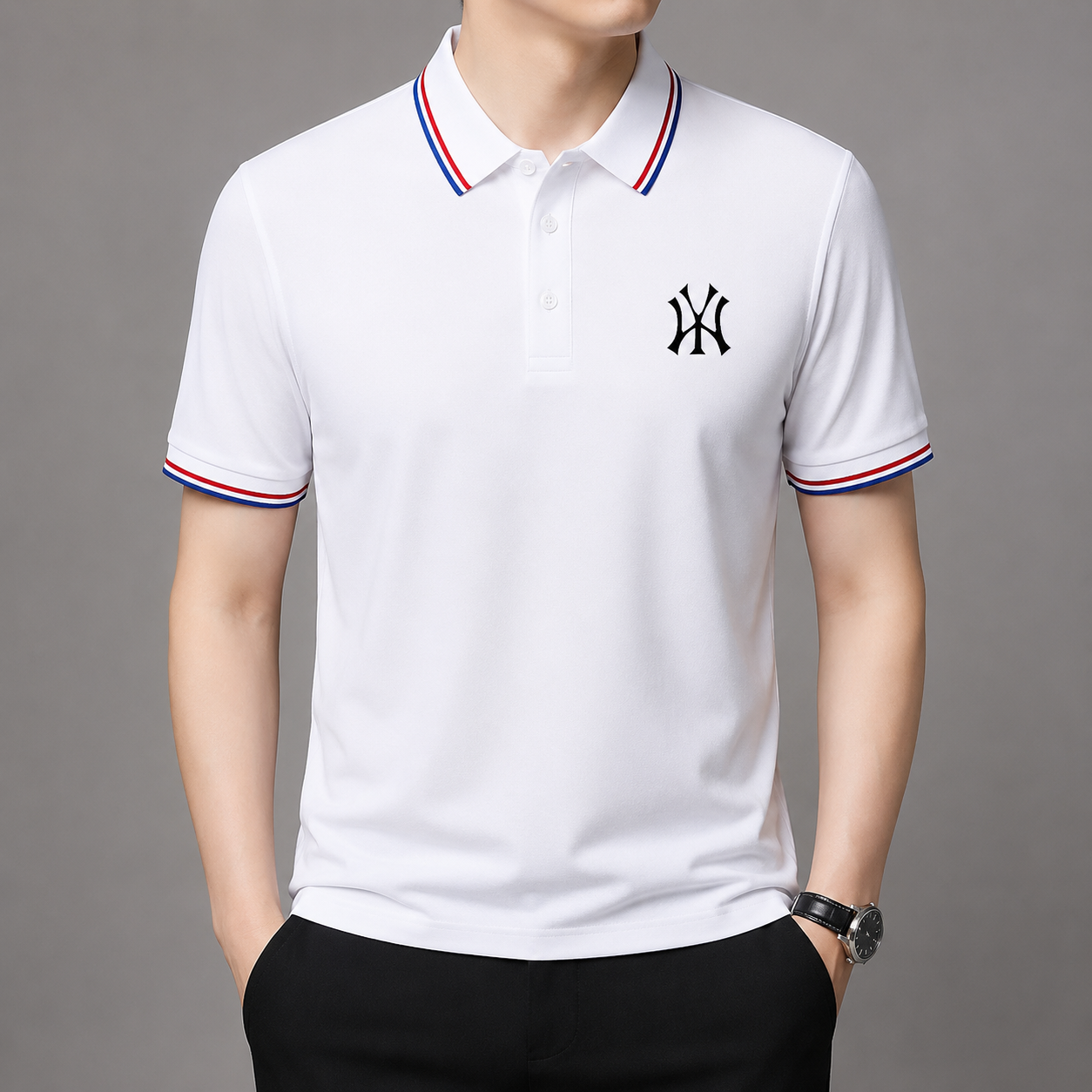 Men's premium knit polo with buttoned collar, streamlined silhouette, and understated sport-lifestyle elegance