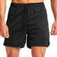 Close-up detail of men's lightweight tennis shorts with breathable knit fabric and clean movement-focused athletic design