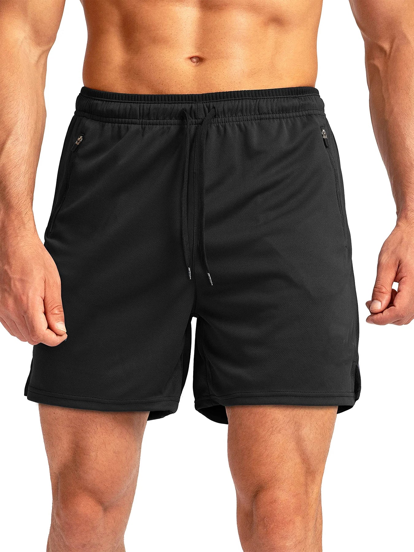 Close-up detail of men's lightweight tennis shorts with breathable knit fabric and clean movement-focused athletic design