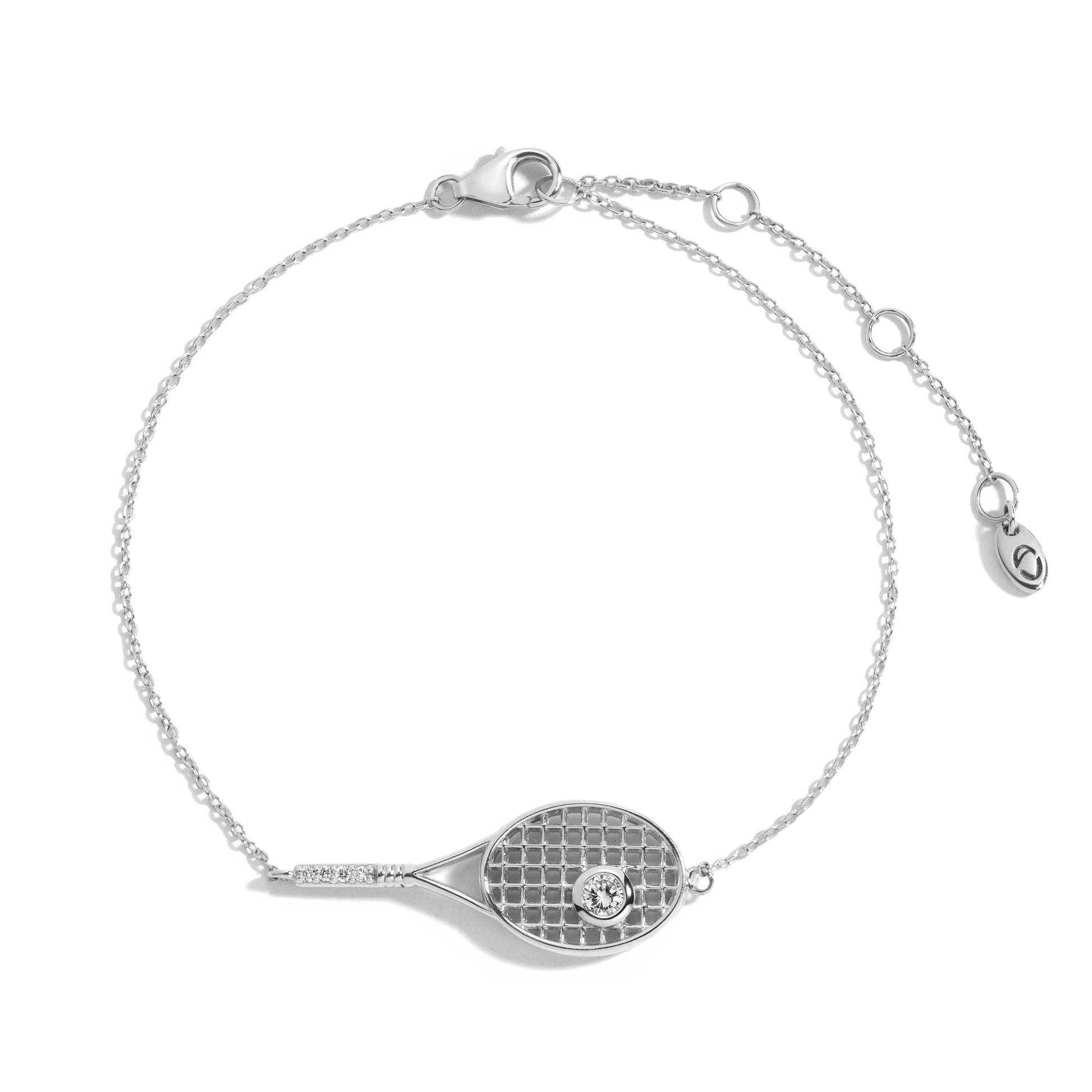 Luxury tennis racket bracelet crafted with luminous white sapphire-inspired stones and polished modern elegance