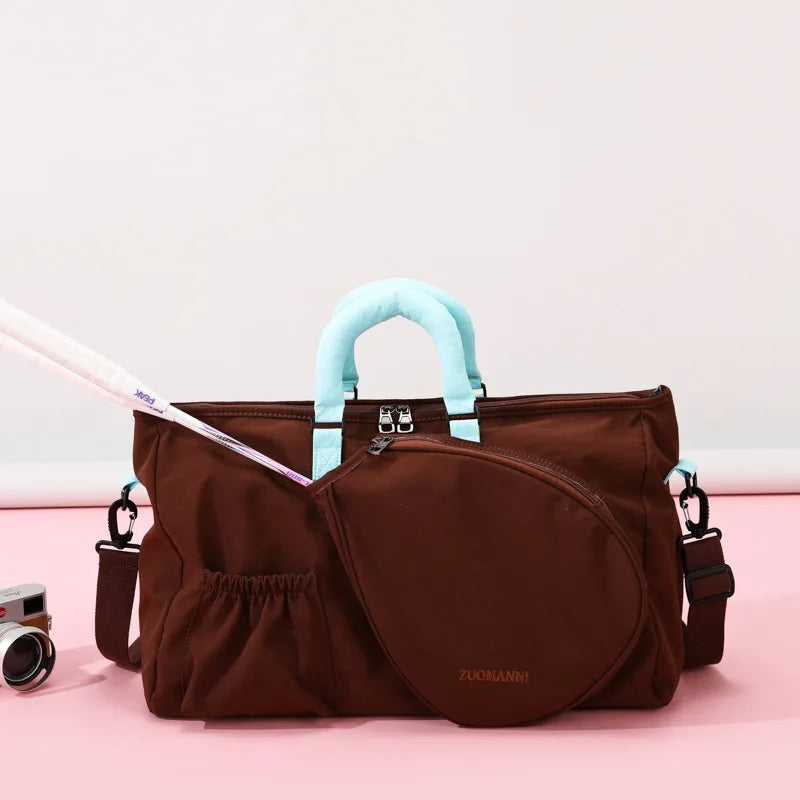 Close-up detail of premium racket sports bag featuring spacious organized compartments and clean court-inspired styling