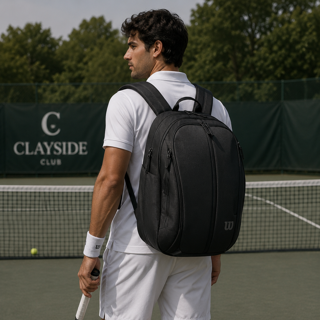 Premium leather tennis backpack crafted for organized daily carry, compact racket storage, and refined athletic versatility