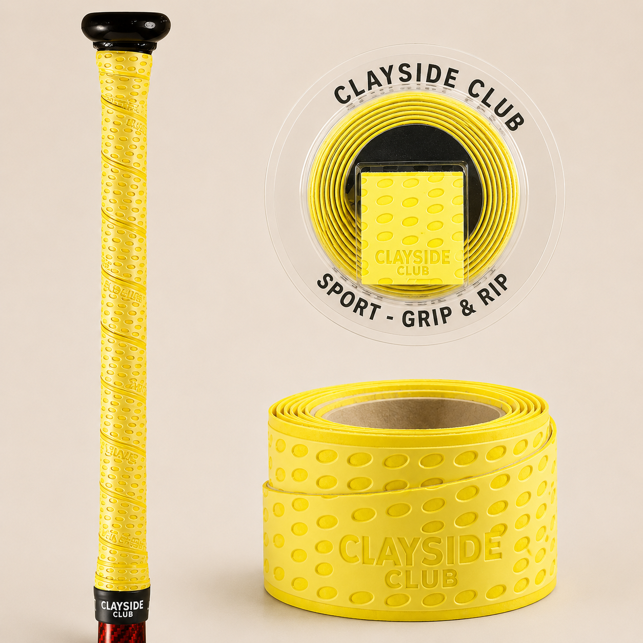Close-up detail of premium overgrip tape featuring soft textured surface and refined athletic styling