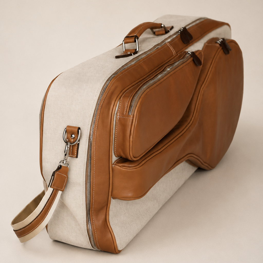 Luxury tennis racket bag with structured leather construction and elevated sport-inspired lifestyle sophistication