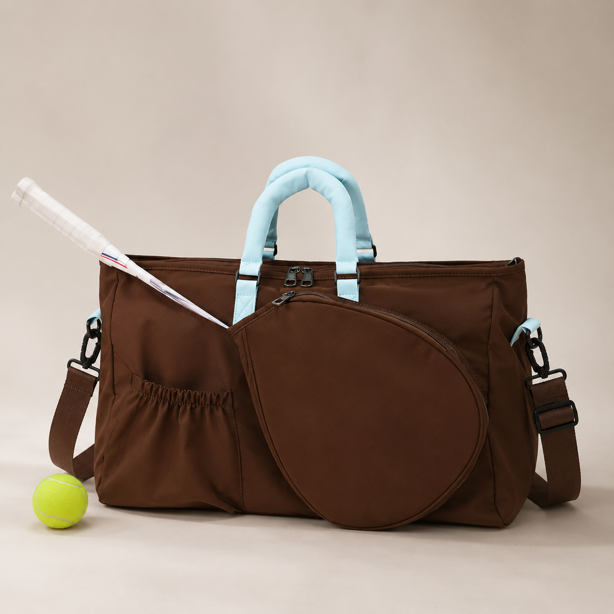 Premium tennis and racket sports travel bag designed for organized storage, wet and dry separation, and refined athletic carry