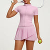 Women's premium tennis pleated performance set with fitted zip top and elegant athletic skirt, designed for court movement and refined sport lifestyle wear.