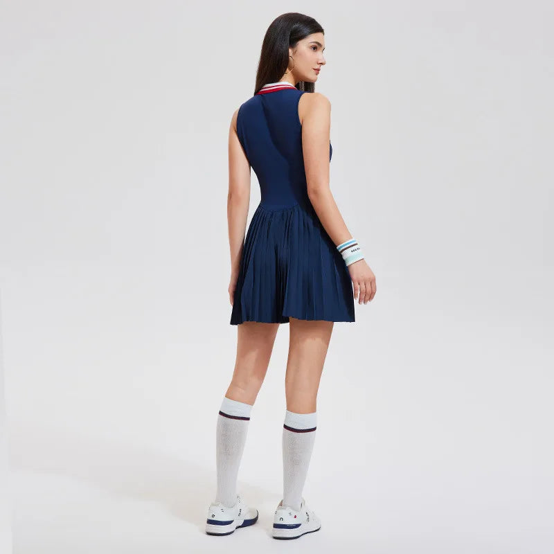 Women's tennis clothing featured in luxury sports editorial photography on professional tennis court