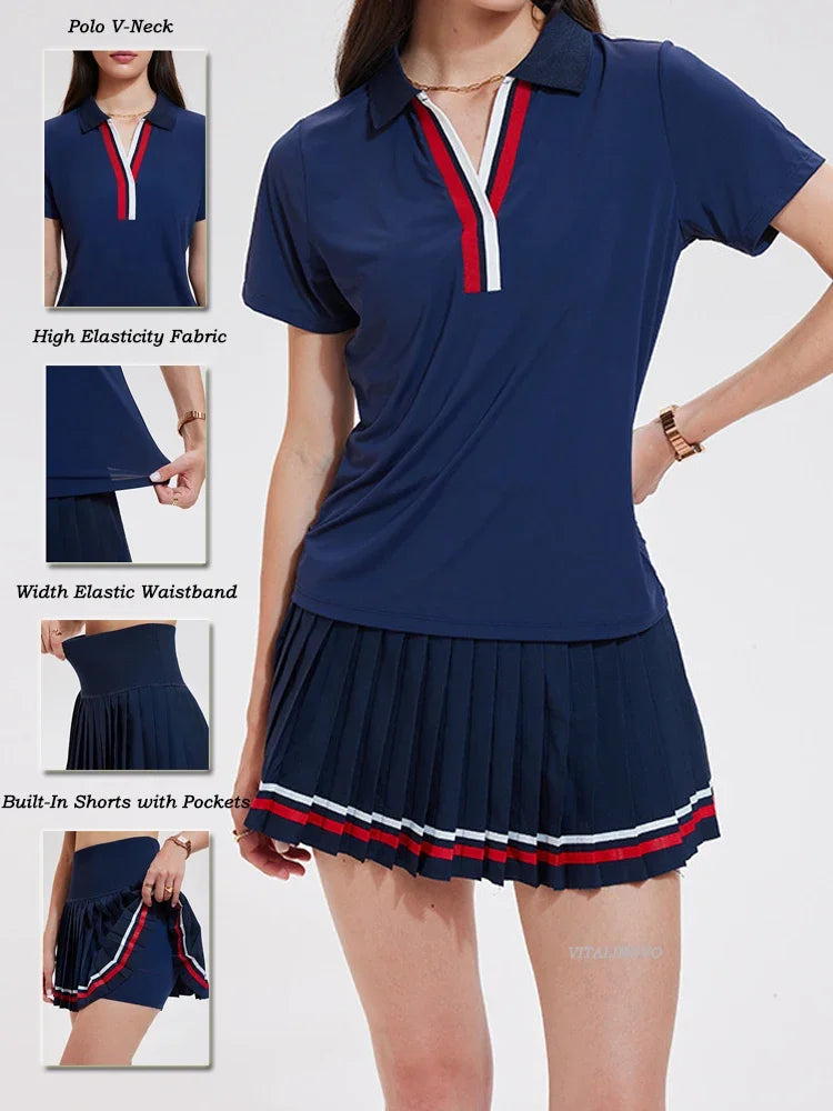 Women's luxury tennis dress with refined pleated skirt, breathable stretch fabric, and elevated sport-lifestyle design for court performance.