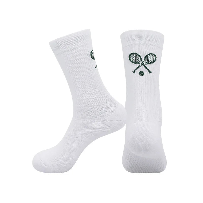 Premium crew socks designed for tennis, featured in a refined athletic footwear editorial image