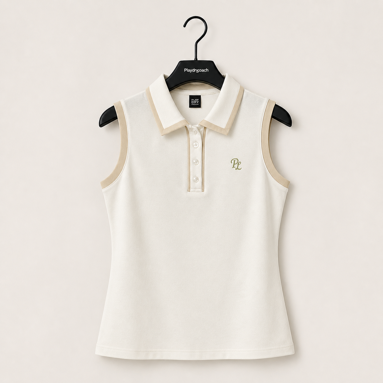 Detailed view of tennis polo neckline with elegant embroidery, precision tailoring, and premium construction designed for court and lifestyle wear.