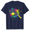Contemporary tennis lifestyle t-shirt featuring an artistic racket-inspired design for sport and casual wear.