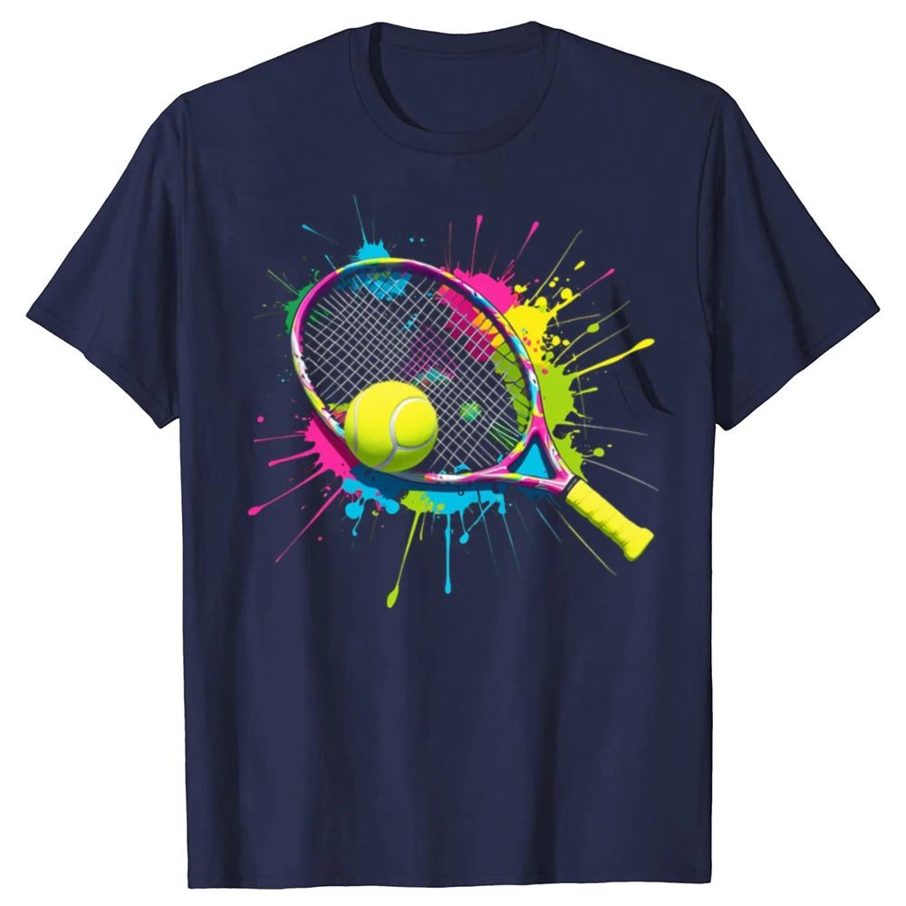 Contemporary tennis lifestyle t-shirt featuring an artistic racket-inspired design for sport and casual wear.