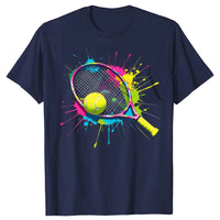 Contemporary tennis lifestyle t-shirt featuring an artistic racket-inspired design for sport and casual wear.