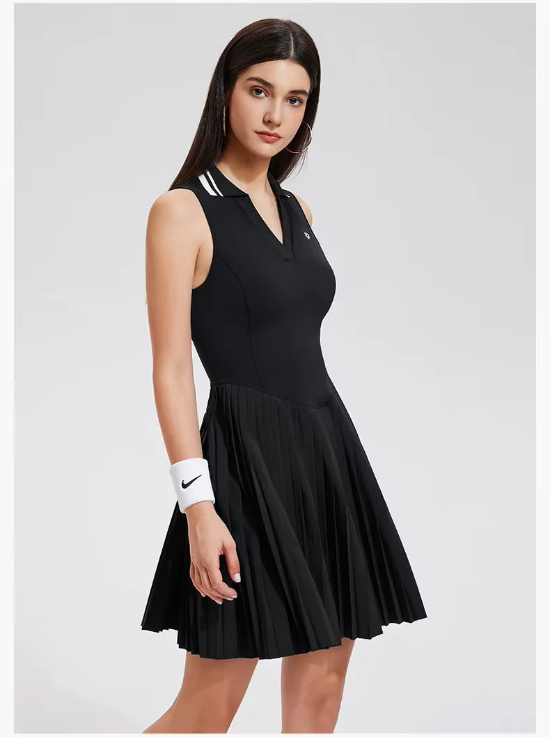Female athlete in refined tennis apparel seated courtside in premium tennis fashion editorial scene