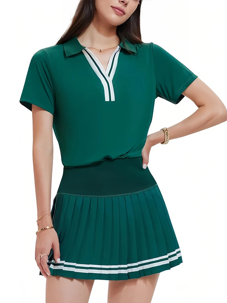 Women's premium tennis dress designed with elevated athletic elegance, flowing pleated skirt, and timeless luxury sport styling.