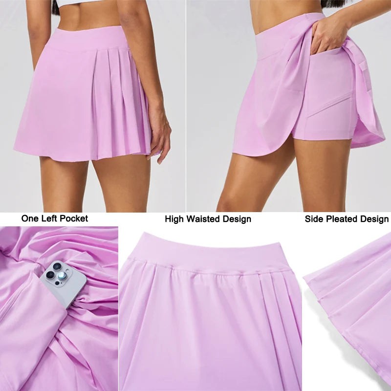 Female athlete wearing a premium tennis skirt in a sophisticated court scene combining performance and style