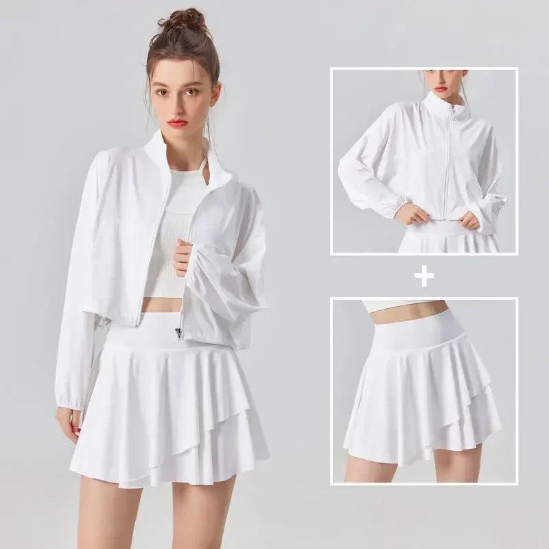 Model wearing refined tennis lifestyle apparel inspired by modern court culture and premium performance wear