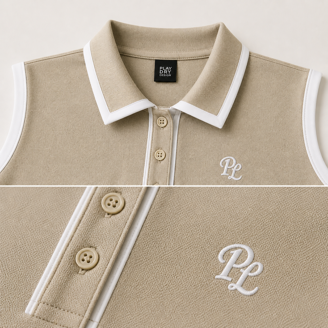 Editorial close-up of premium tennis polo featuring structured collar, embroidered signature detail, precision stitching, and elevated athletic design.