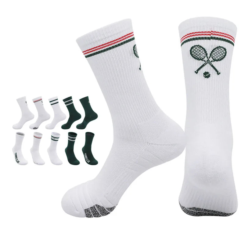 Close-up of premium tennis socks styled with sneakers in an elegant tennis-inspired lifestyle setting