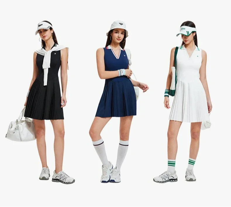 Editorial image of female tennis player in luxury tennis outfit designed for sport and lifestyle wear