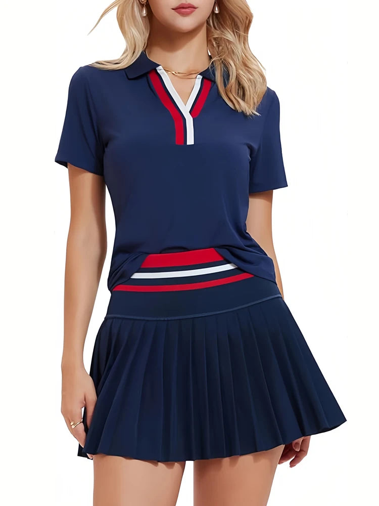 Elegant women's tennis dress featuring a tailored athletic fit, graceful pleated movement, and premium country club inspired styling.