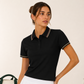 Women's premium tennis polo shirt with tailored silhouette and signature tipped collar