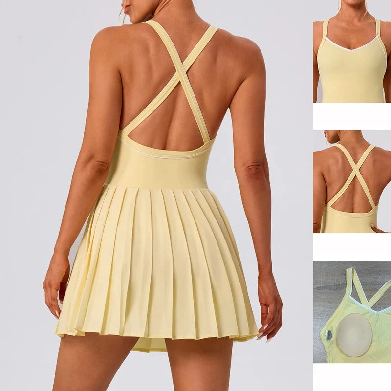 Women's luxury active tennis dress with flattering fit breathable fabric and premium courtwear styling