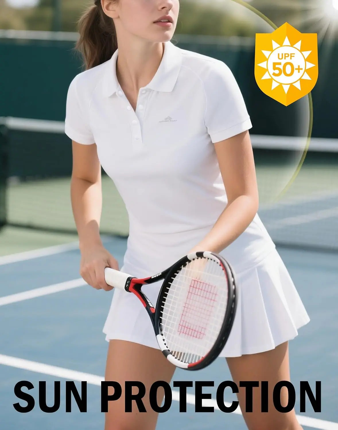 Studio portrait of a woman wearing a premium tennis polo shirt with a tailored fit, combining athletic performance and timeless tennis style.