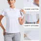 Female tennis apparel model styled in a sophisticated polo shirt against a neutral background, showcasing breathable comfort and elegant sport design.