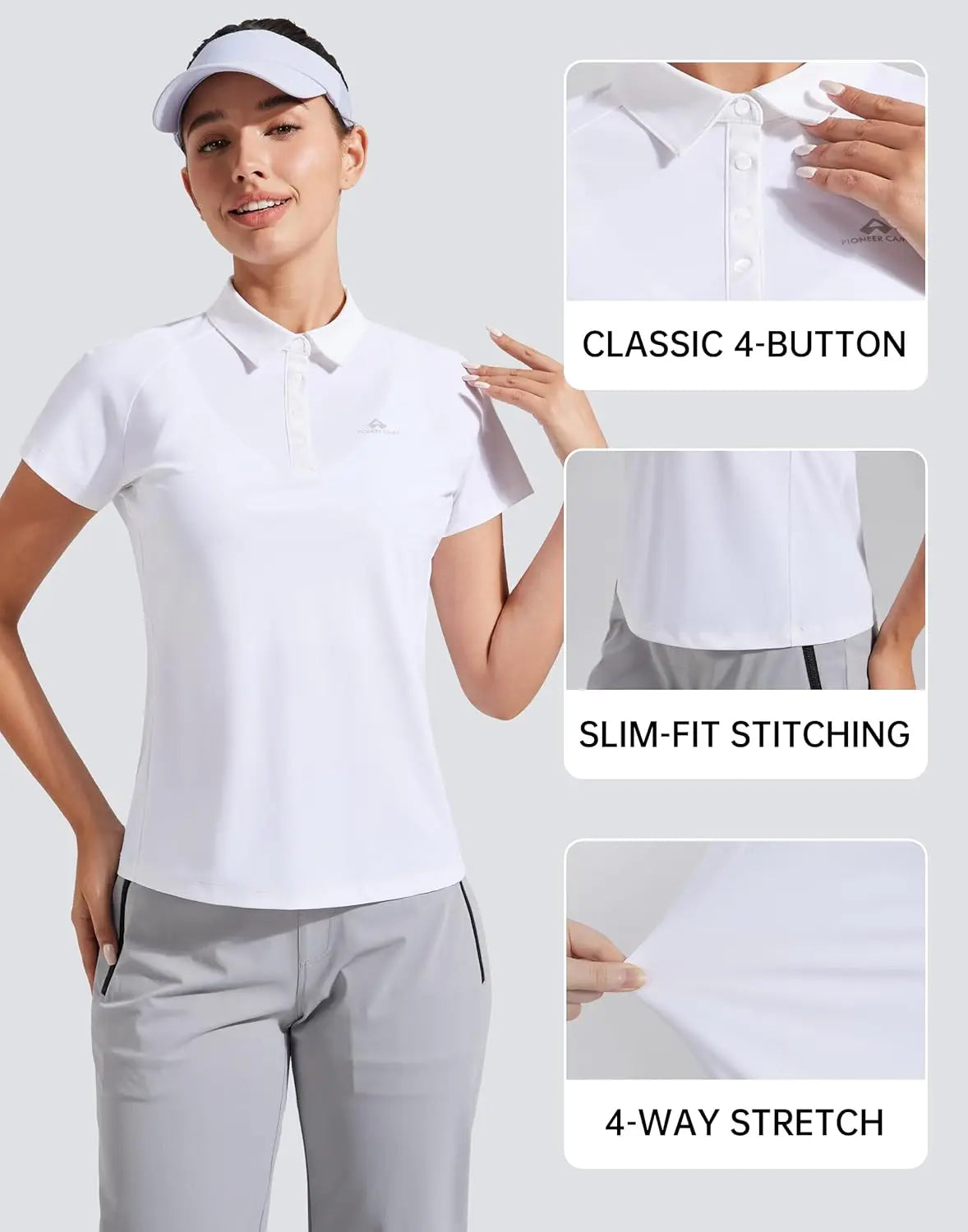Female tennis apparel model styled in a sophisticated polo shirt against a neutral background, showcasing breathable comfort and elegant sport design.