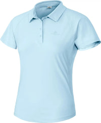 Woman wearing a modern tennis polo shirt in a neutral studio environment, presenting clean tailoring, lightweight feel, and refined athletic appeal.
