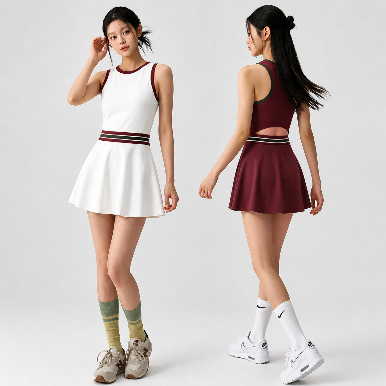 Female model wearing a premium sleeveless tennis dress designed for comfort, movement, and on-court performance.