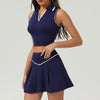 Premium women's tennis look combining modern athletic fit with classic country club sophistication.